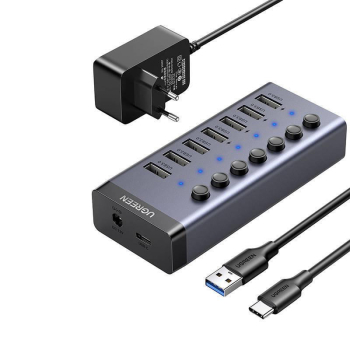 Hub UGREEN 90307 7w1 USB-C, 7x USB-A 3.0 12V 2A - czarny