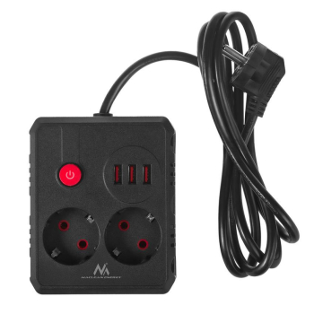 Listwa zasilająca Maclean MCE387 B, przedłużacz 2 gniazda + 3xUSB, 110-240V AC 50/60Hz, 2.1A max 2500W, 1.5m, czarna