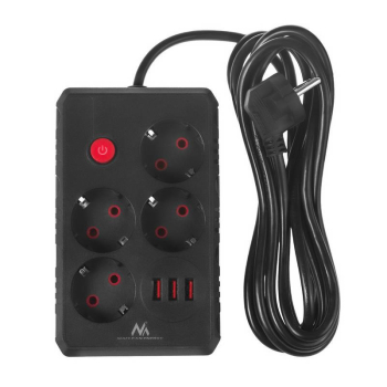 Listwa zasilająca Maclean MCE393 B, przedłużacz 4 gniazda + 3xUSB, 110-240V AC 50/60Hz, 2.1A max 2500W, 3m, czarna
