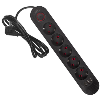 Listwa zasilająca Maclean MCE395 B, przedłużacz 5 gniazd + 3xUSB, 110-240V AC 50/60Hz, 2.1A max 2500W, 1,5m, czarna