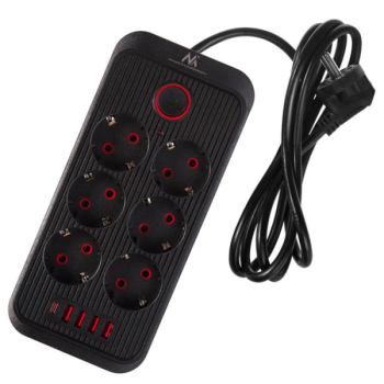 Listwa zasilająca Maclean MCE389 B, przedłużacz 6 gniazd + 4xUSB + USB-C, 110-240V AC 50/60Hz, 2.1A max 2500W, 1,5 m, czarna