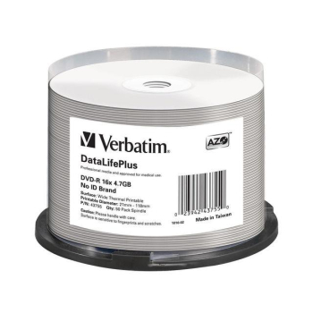 Płyty DVD-R Verbatim 4.7GB X16 AZO DL+ printable thermal białe NO ID (50 Cake)