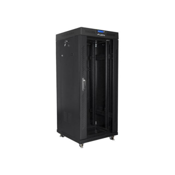 Szafa instalacyjna Rack stojąca 19" 27U 600x600 czarna drzwi szklane LCD Lanberg (flat pack)